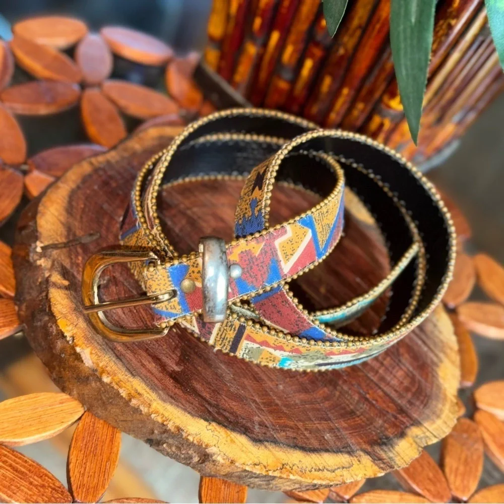 Aztec Multicolor Patterned Women's Belt Silver Buckle Trim 41